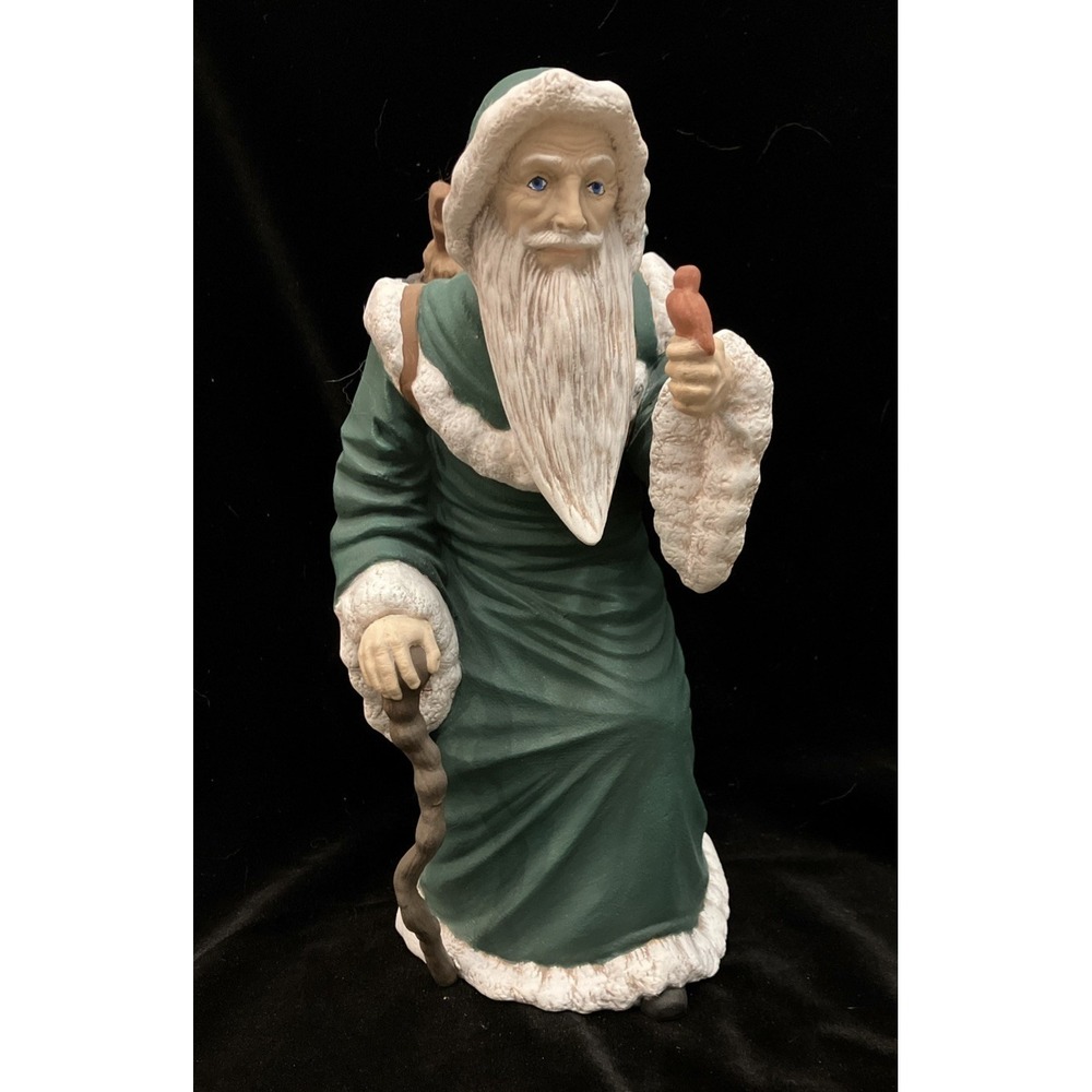 VTG Old World Father Christmas Santa Figurine Green Robe Staff Toys Bird Ceramic